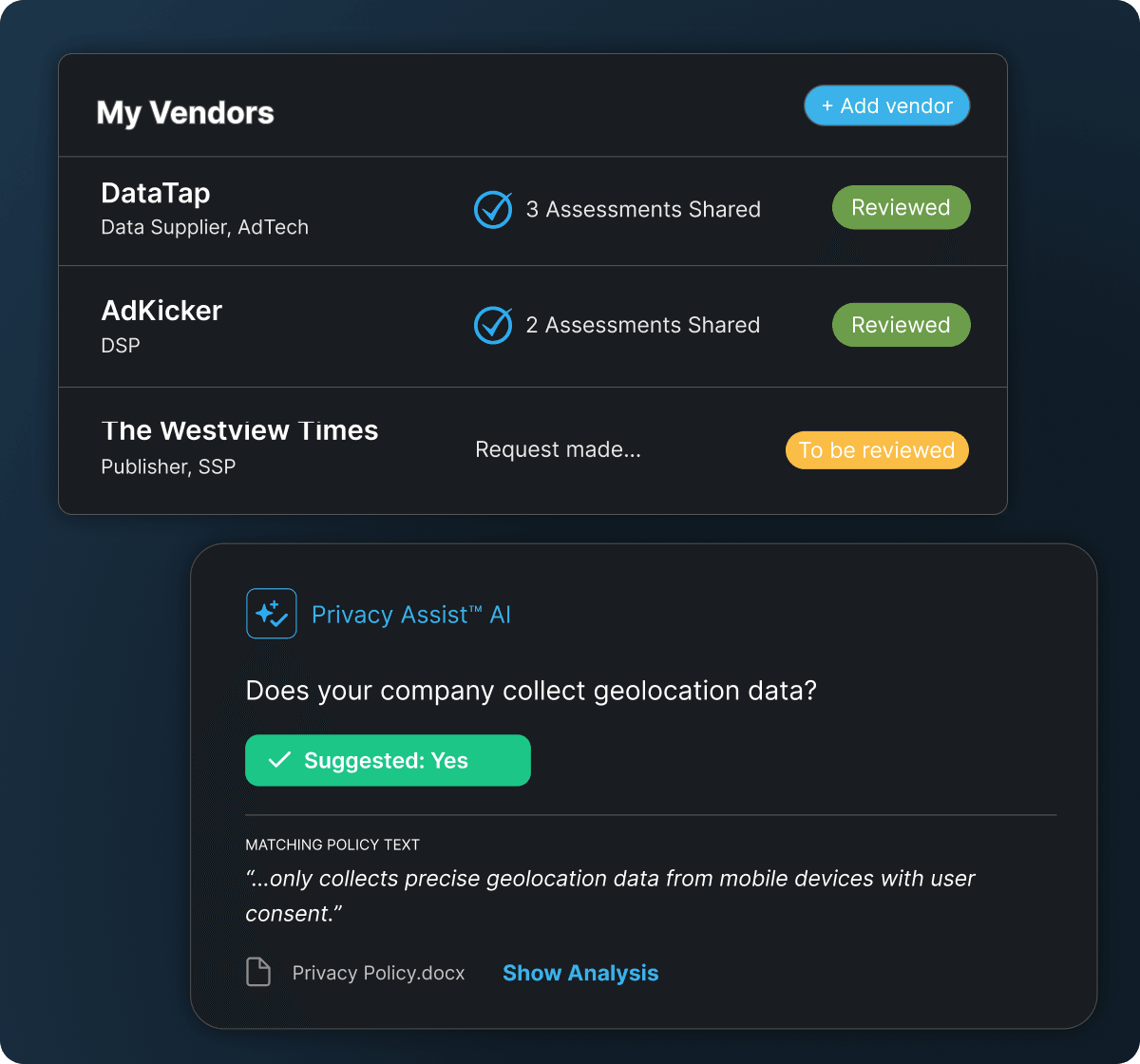 Panel titled 'My Vendors' with a list of vendors and status badges (Reviewed, To be reviewed) and an '+ Add vendor' button.